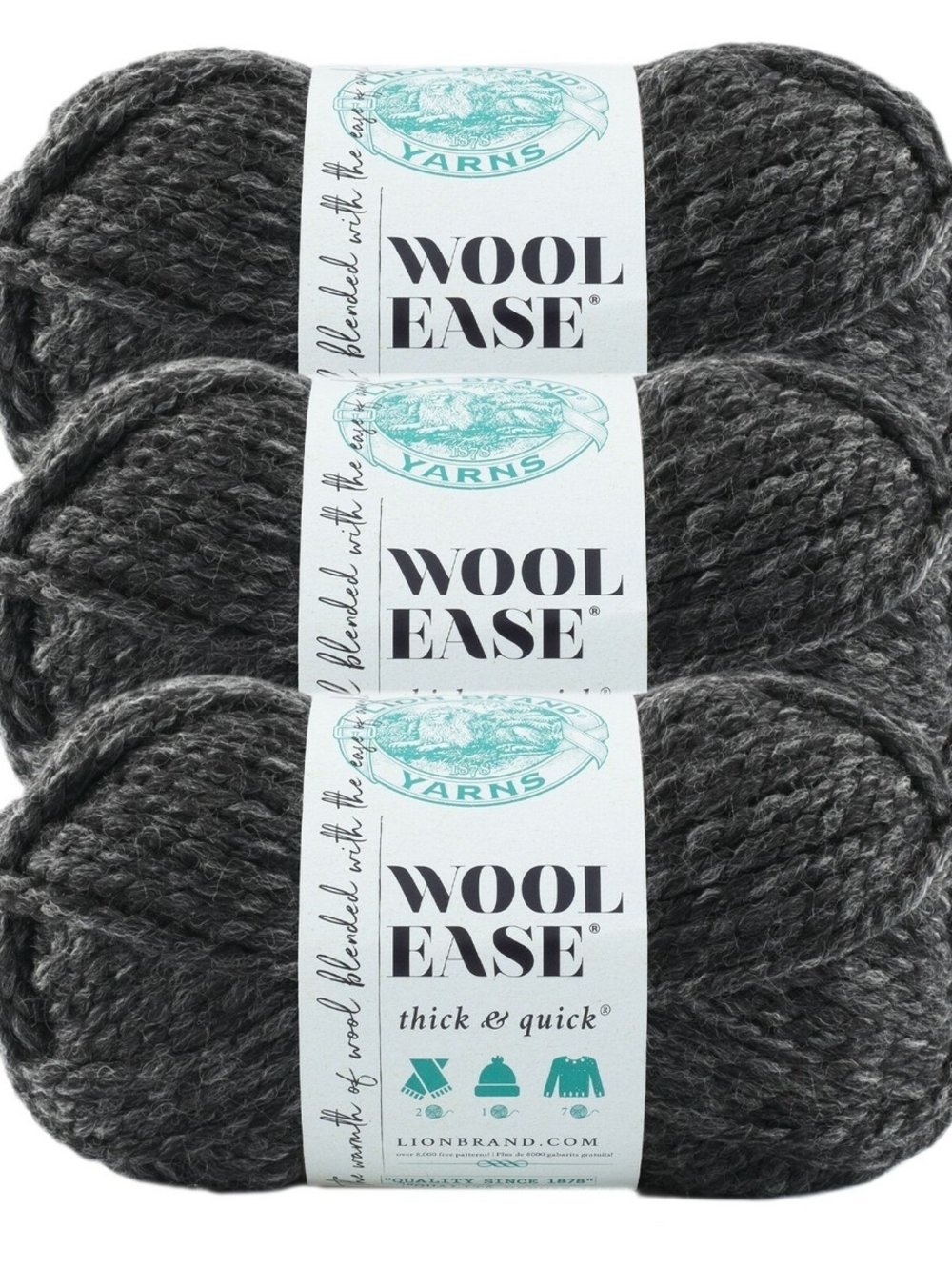 Lion Brand Wool Ease Thick & Quick Charcoal Yarn Lot of 3 Super Bulky Wool Blend